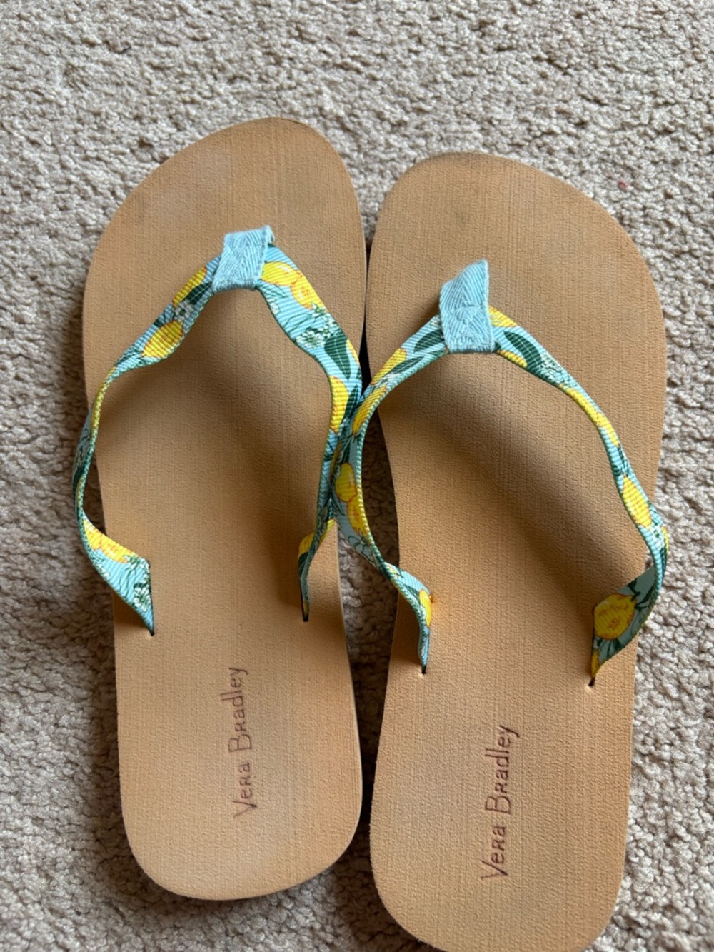 Vera Bradley Blue Strappy Flip Flops with Yellow Lemon Print and Tan Footbed